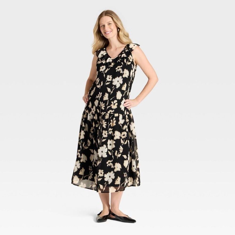 Flutter Short Sleeve Drop Waist Maxi Maternity Dress - Black/Cream Floral XS